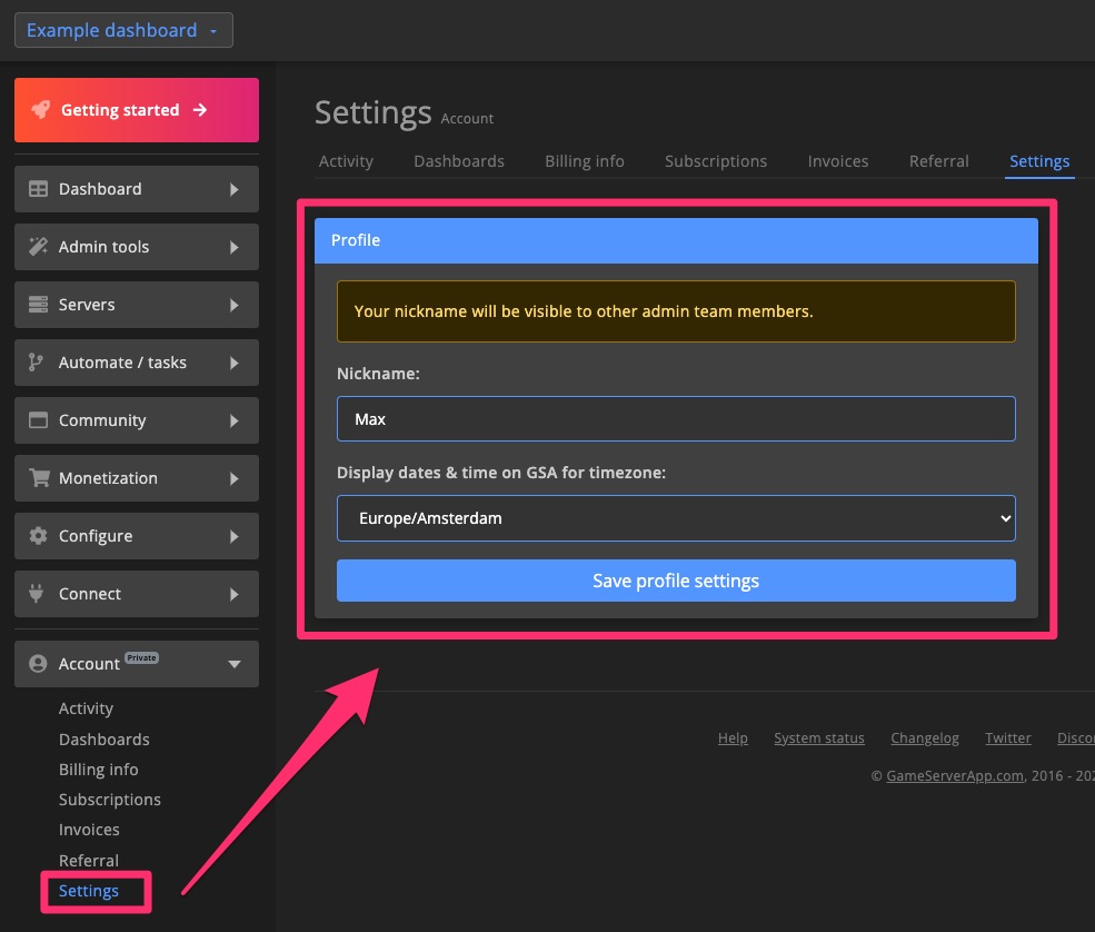 Account - Nickname & timezone