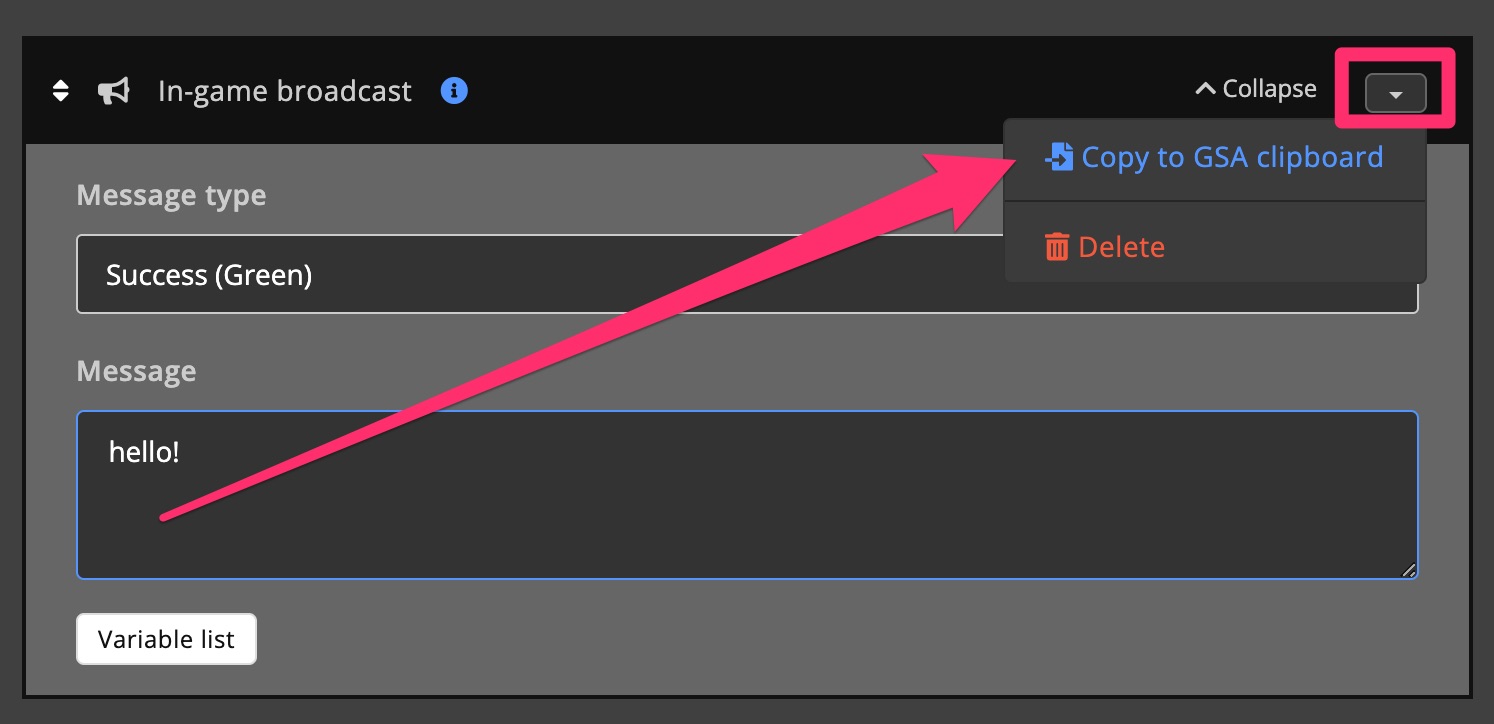 Automations / Tasks - Action - Copy to GSA clipboard
