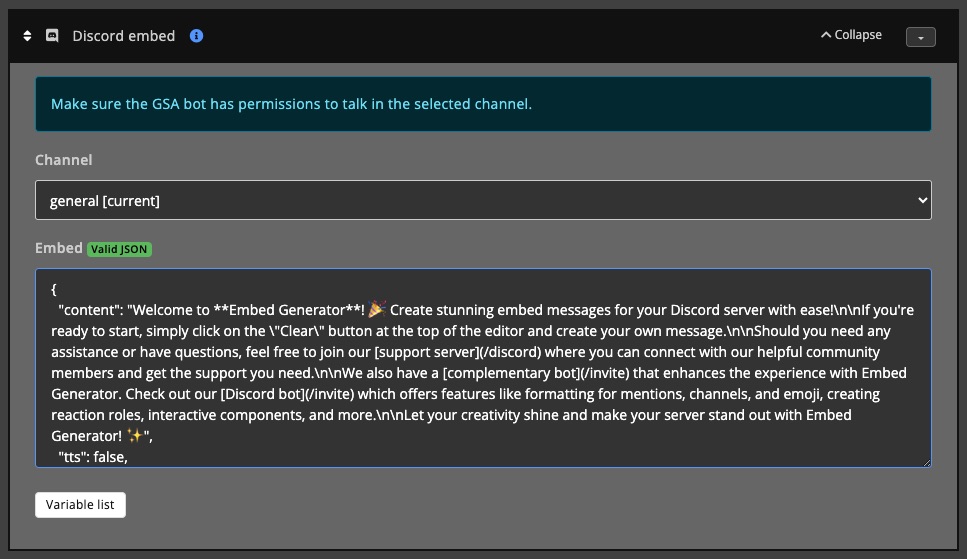 Automations / Tasks - Action - discord embed