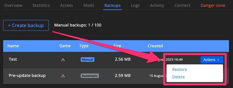 Game server - restore backup