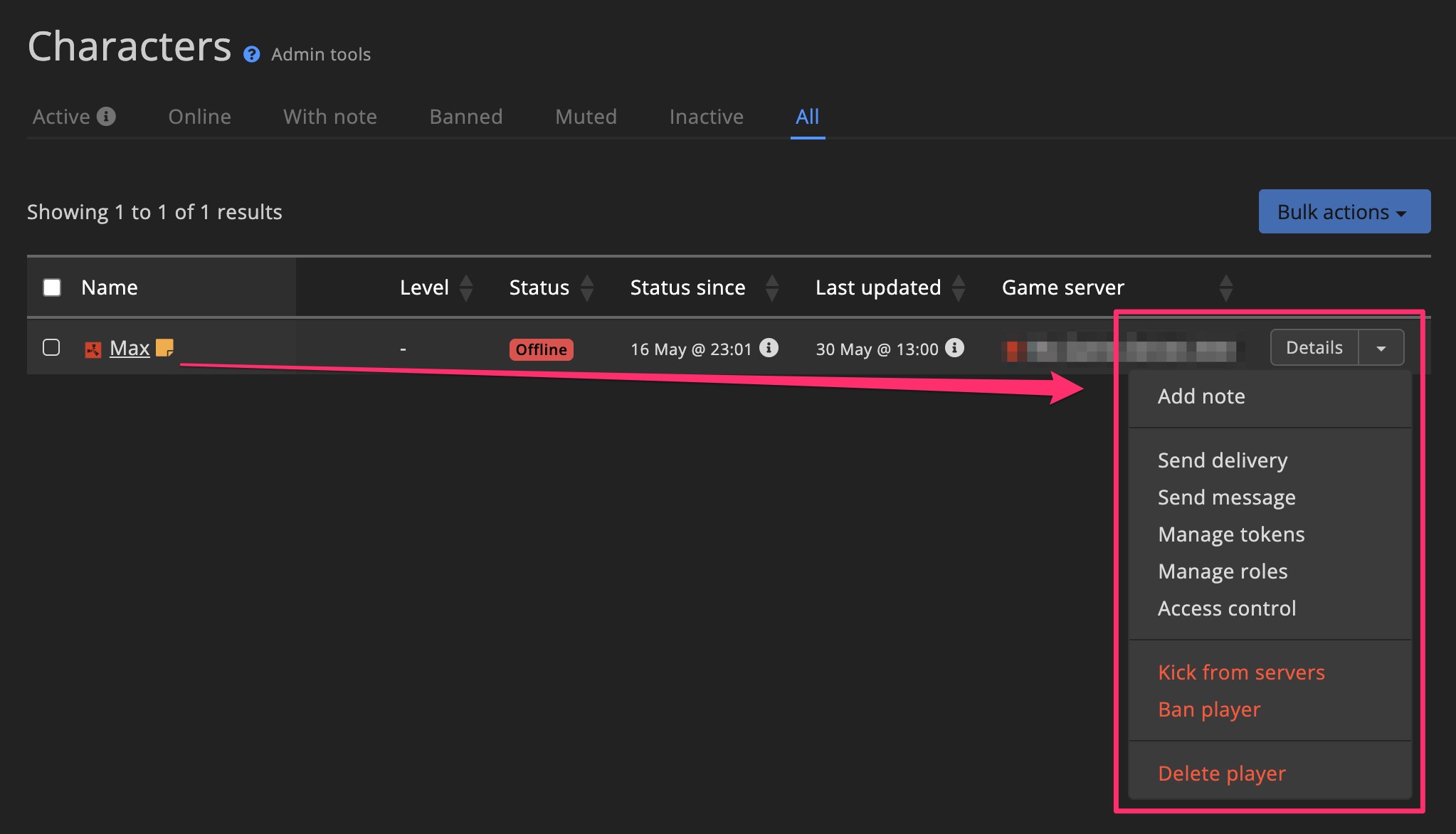 Character - Overview - Admin actions