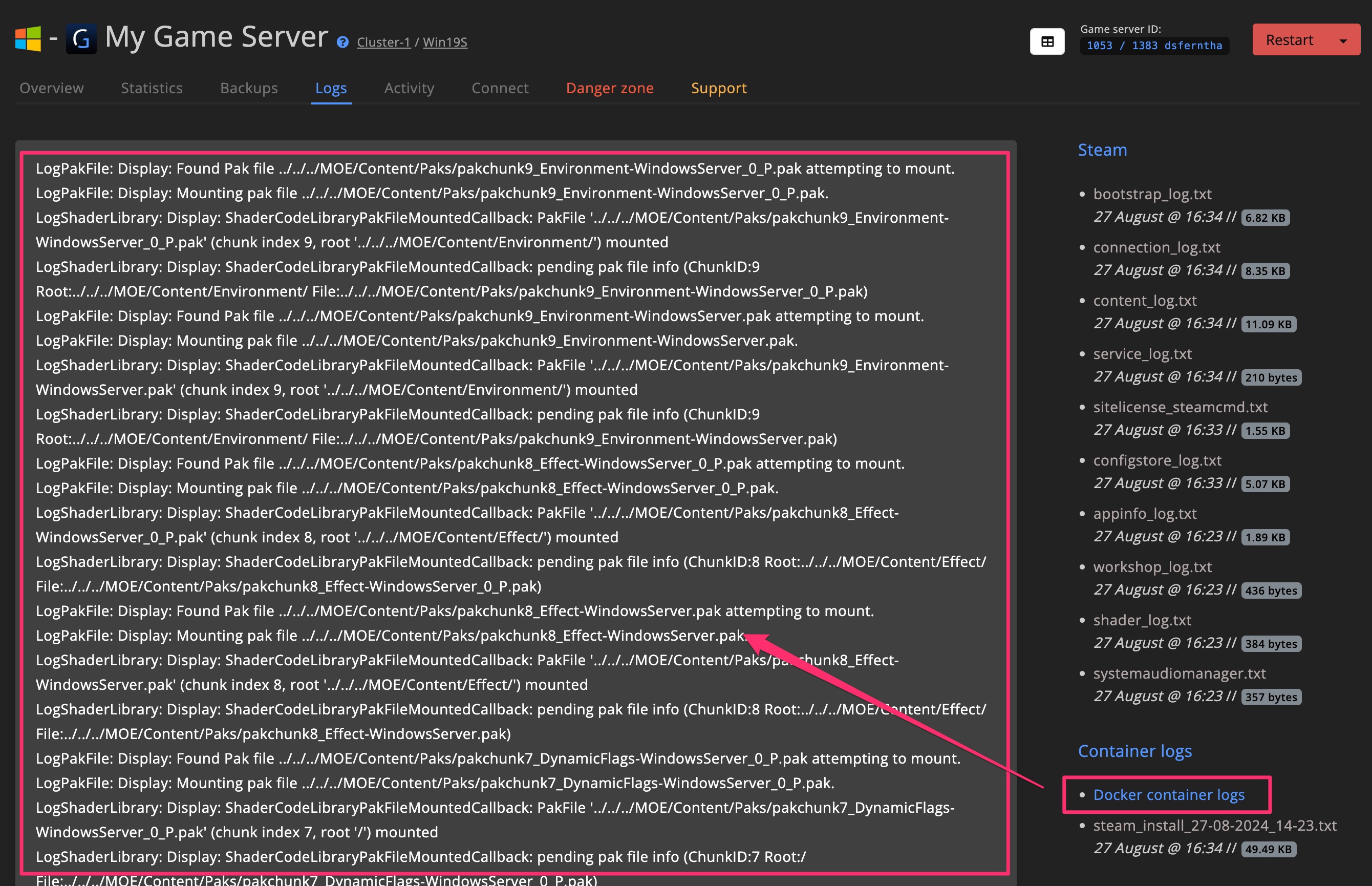Blueprint - Create STEAM blueprint - Check server logs