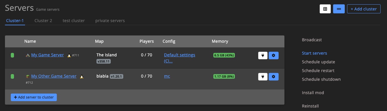 Clusters - table view