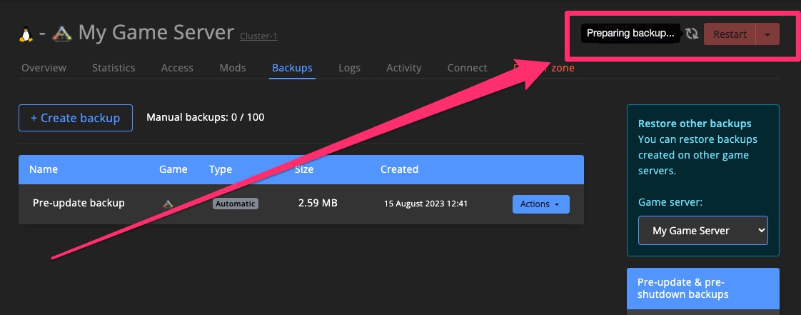 Game server - create manual backup 3