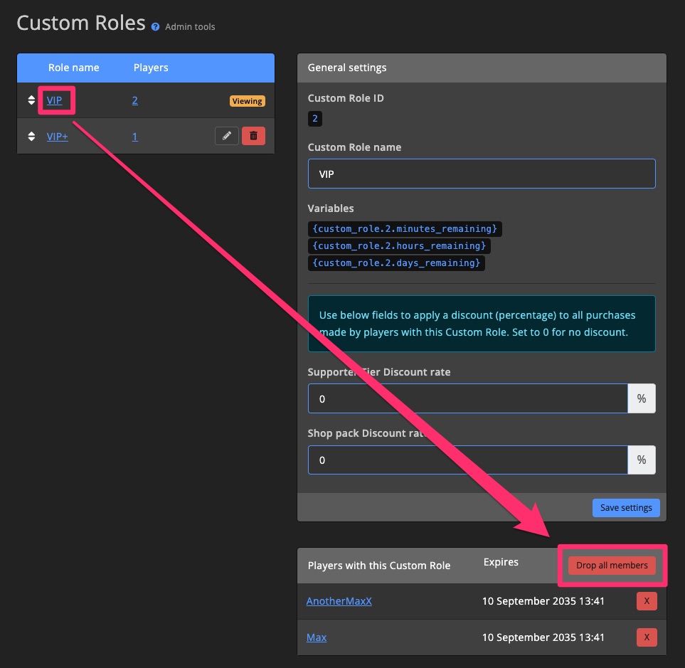 Admin tools - Custom Role = drop all members