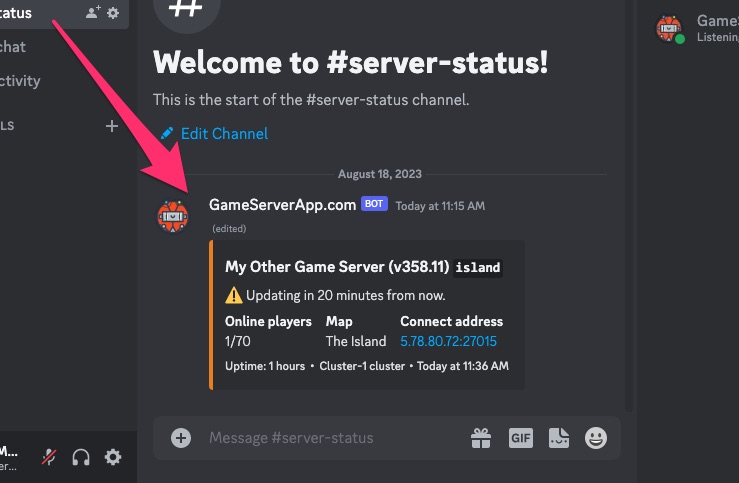 Discord bot - Game server status card