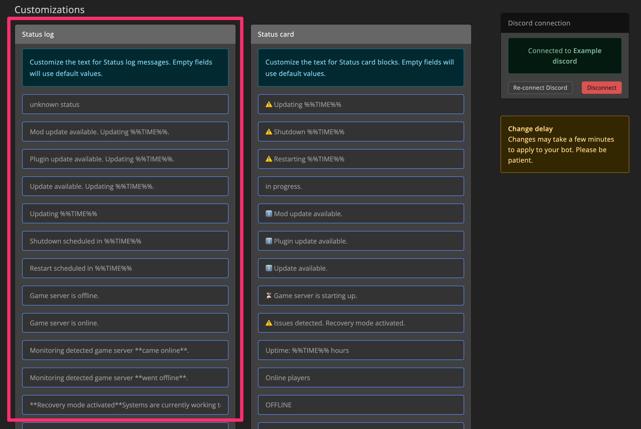 Discord bot - Settings - Customize status log