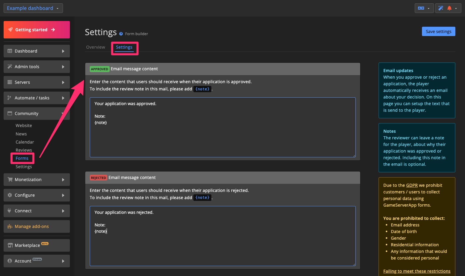 Community - Forms - Email settings