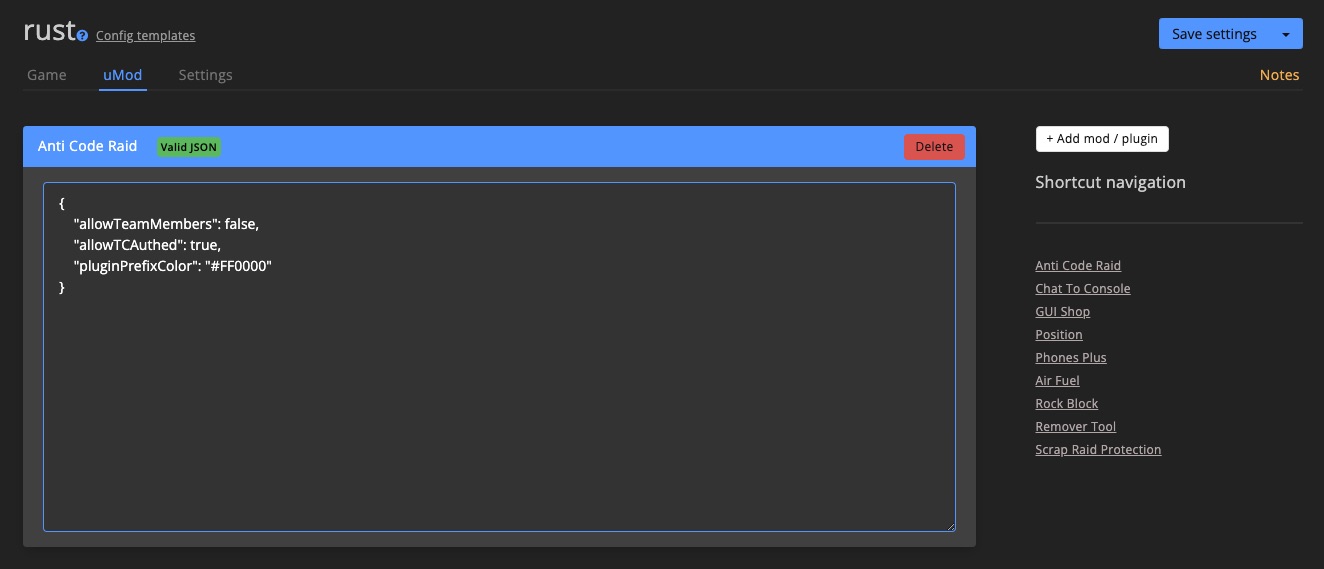 Config template - framework settings