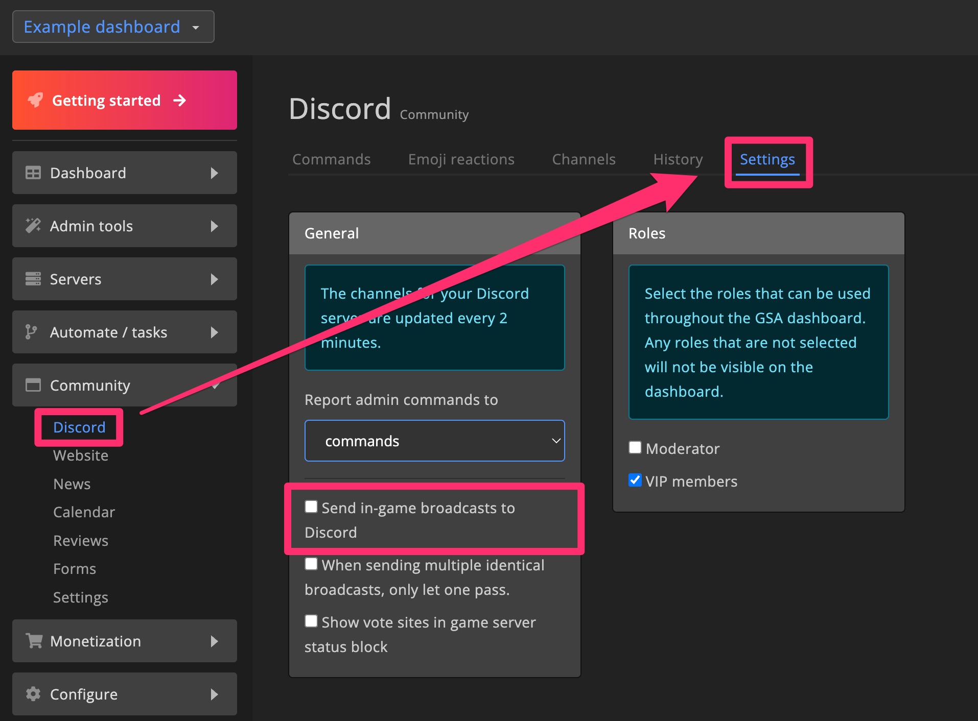 Discord bot - Settings - Broadcast to discord
