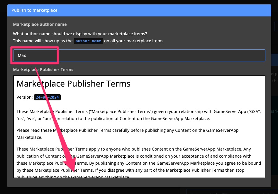 Blueprint - Publish on marketplace - Blueprint nickname & terms popup