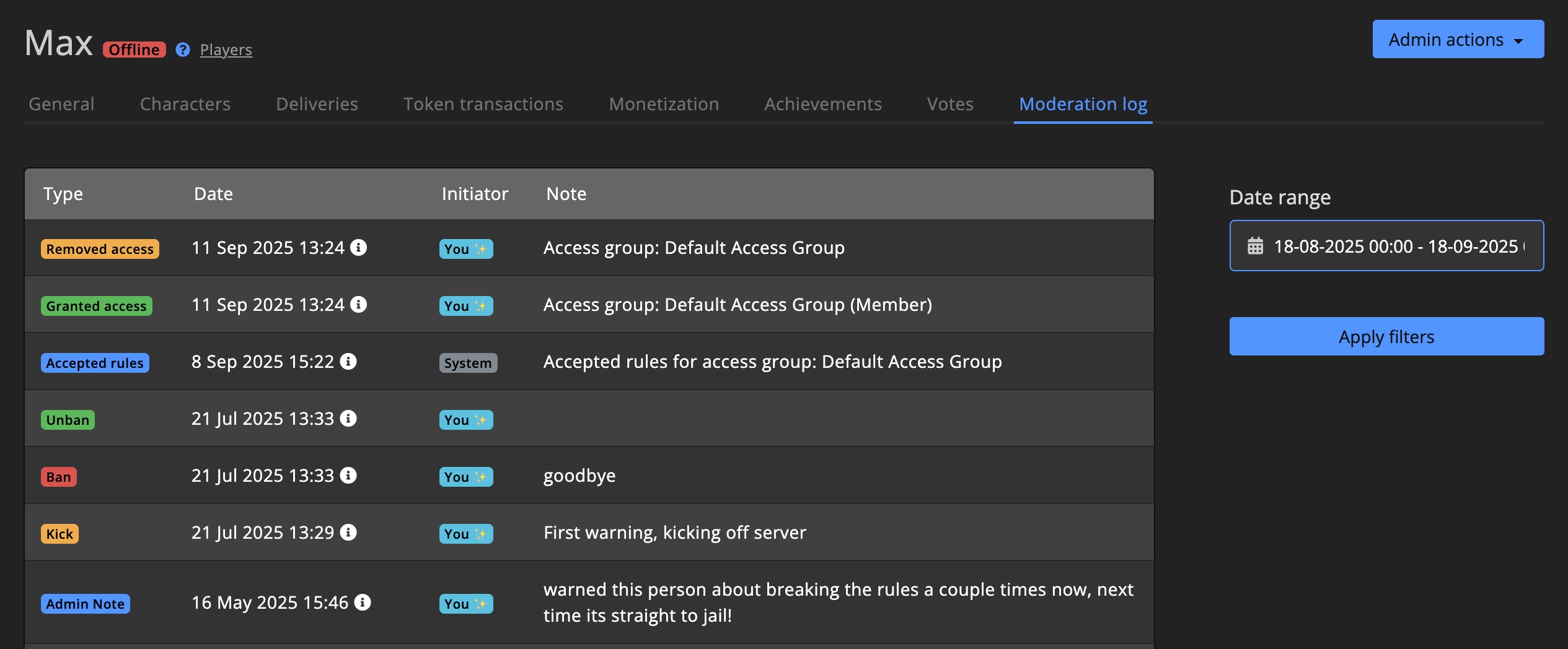 Player - Moderation log
