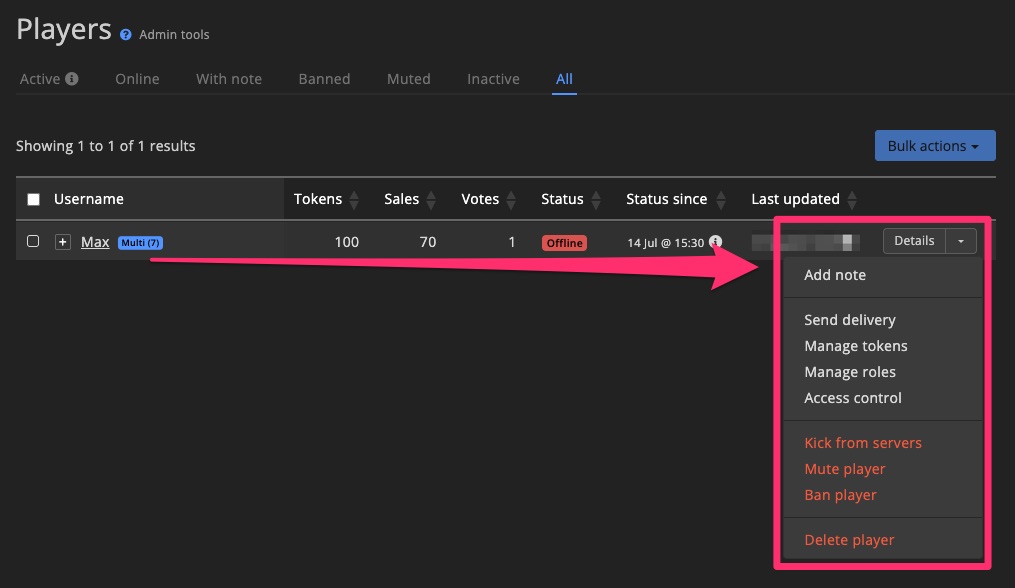 Player - Overview - Admin actions