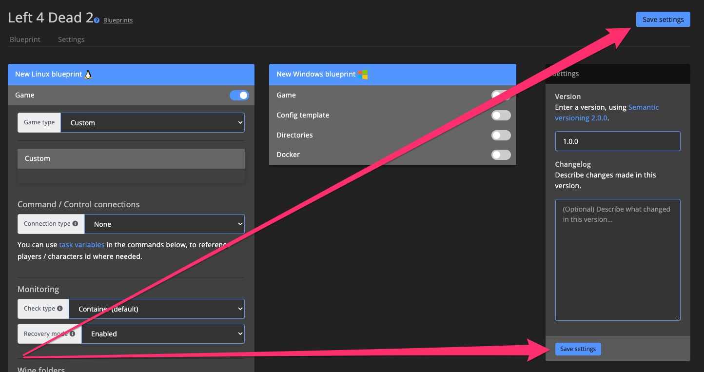 Blueprint - Create LinuxGSM blueprint - Save blueprint form