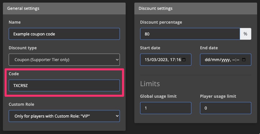 Monetization - Discount settings - Code