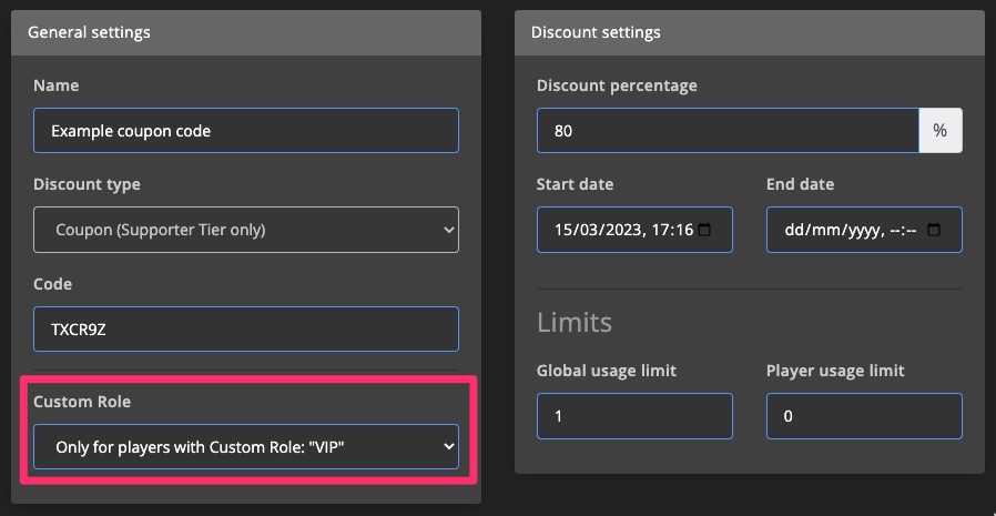 Monetization - Discount settings - Custom Role