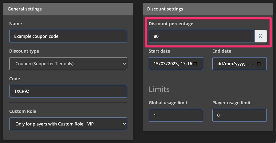 Monetization - Discount settings - Discount percentage