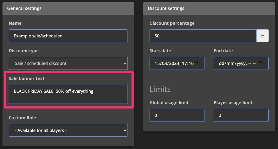 Monetization - Discount settings - Sale banner text