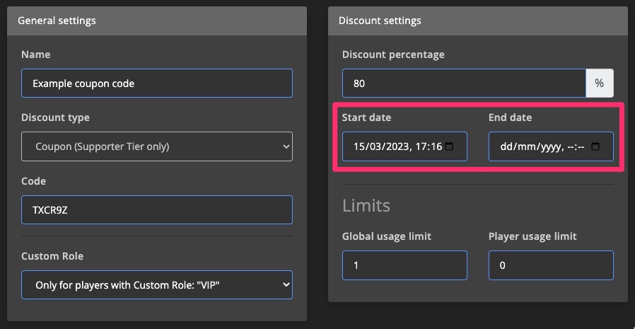 Monetization - Discount settings - Start / End date