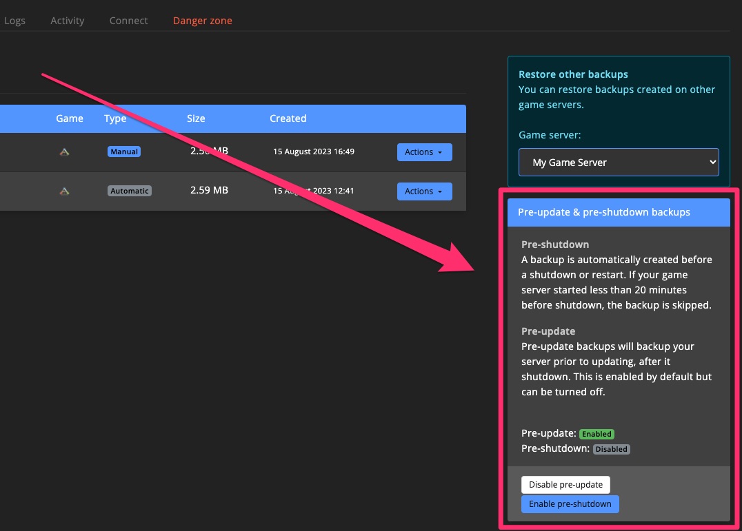 Game server - smart backups
