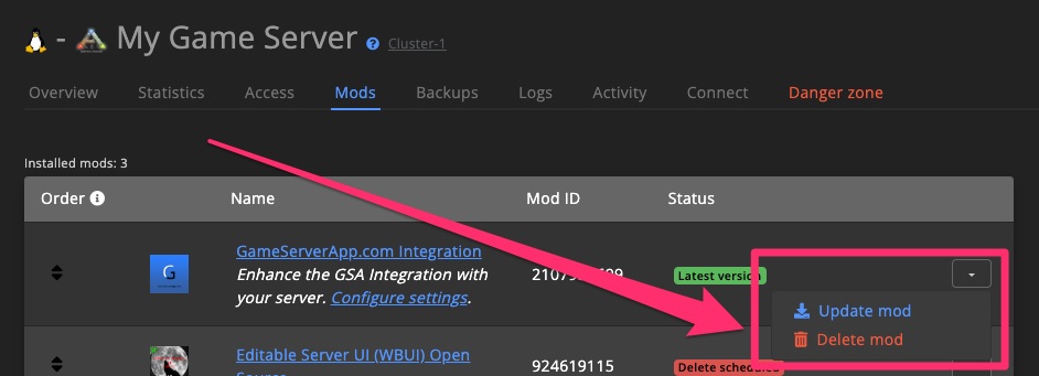 Mods & plugins - update & delete mod